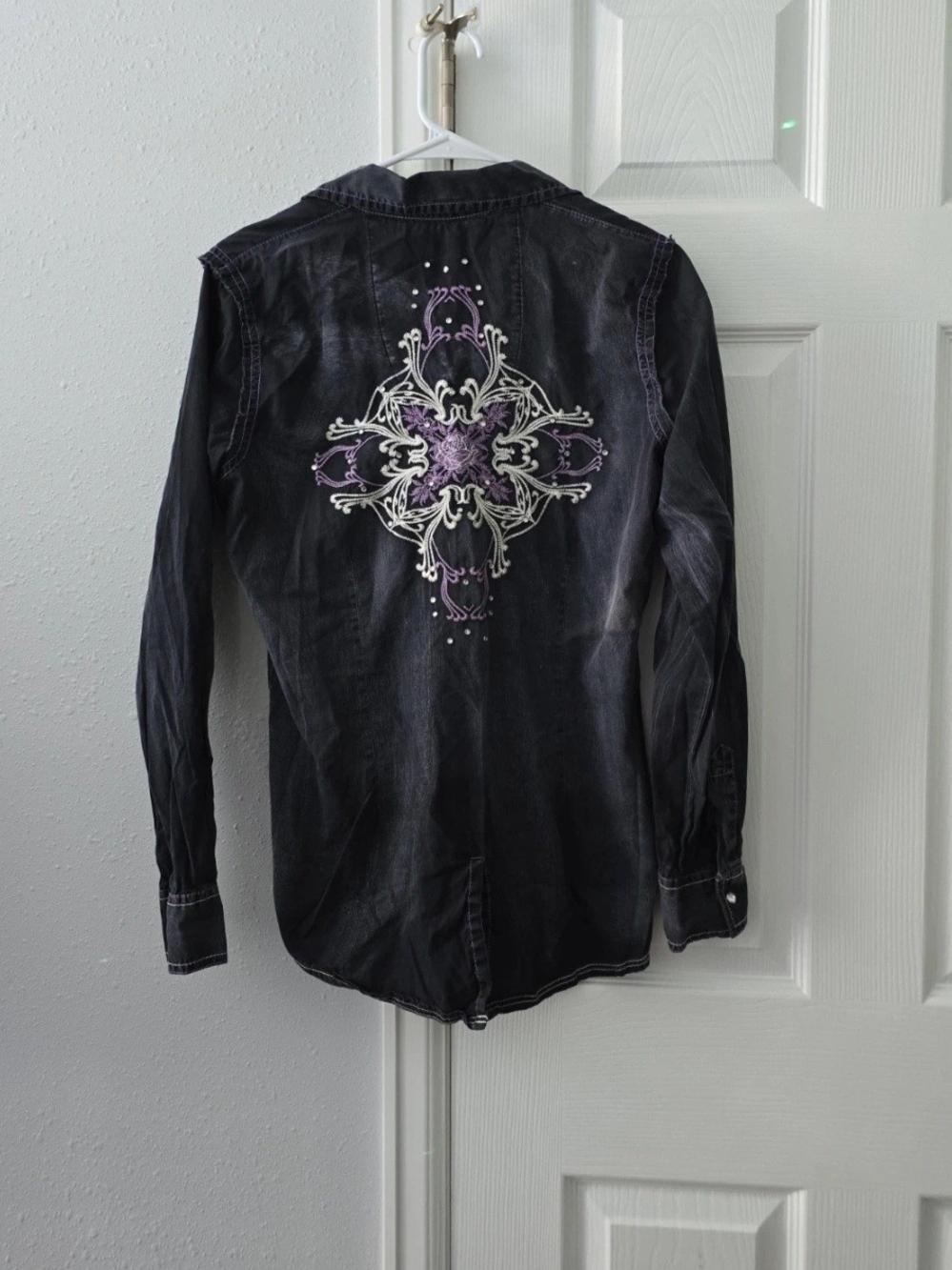 Wrangler Black Jean Jacket with Purple & Cream Embroidered Back Cross